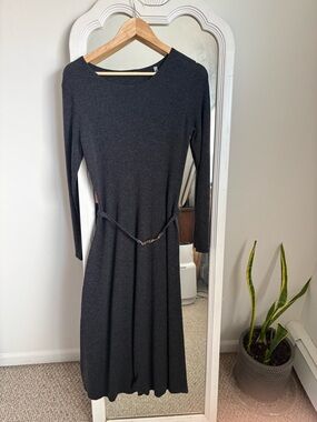 Ellie Tahari Dark Grey midi knit dress with belt